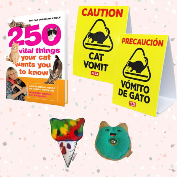 cat guardian bundle from peta shop, with book, cat toys, and signs