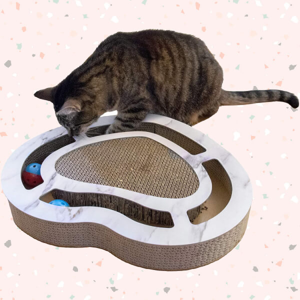 tabby cat playing with a heart-shaped cardboard cat scratcher