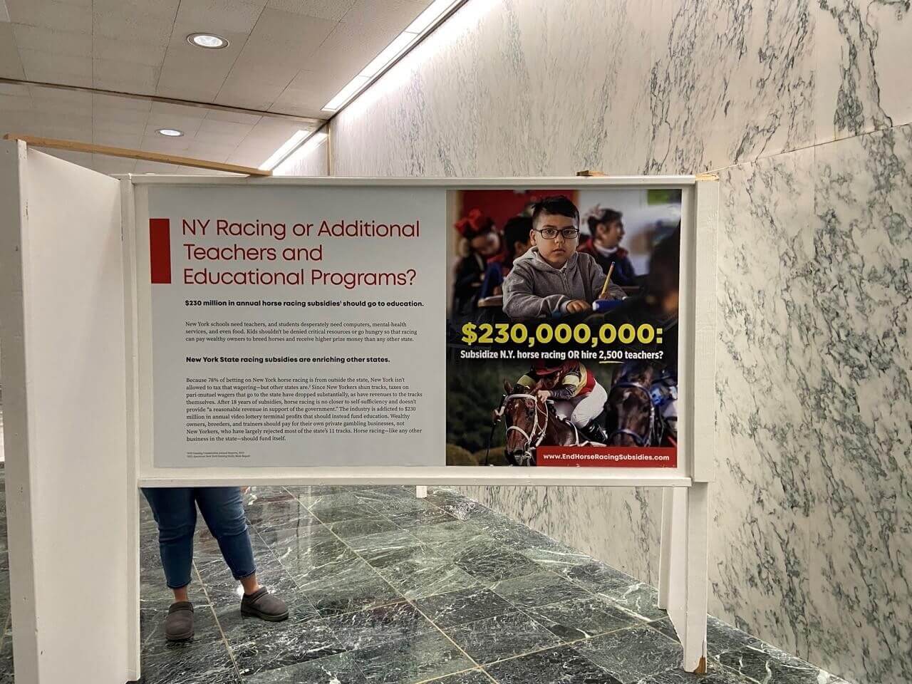 Coalition to End Horse Racing Subsidies panel about how gobs of New York state money are being given to horse racing rather than helping to fund vital efforts such as hiring additional teachers and supporting educational programs
