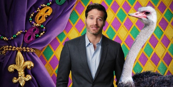 mardi gras background with David Miller next to an ostrich