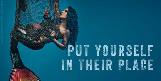 Alissa White-Gluz as a "Mermaid" for PETA with text that says "Put yourself in their place"