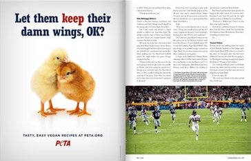 peta ad in the super bowl lvii program shows 2 baby chickens with the text "let them keep their own damn wings."