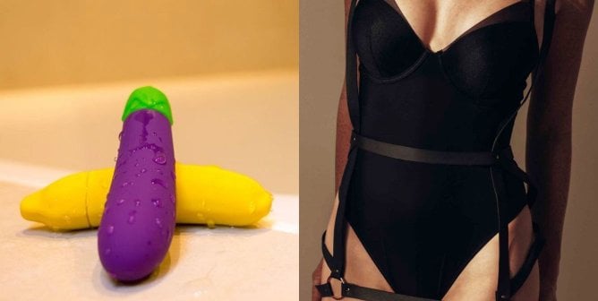 side by side image of an eggplant and a banana vibrator and a vegan leather harness
