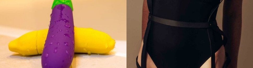 side by side image of an eggplant and a banana vibrator and a vegan leather harness