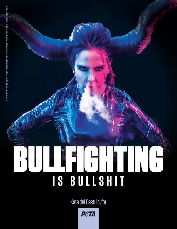 actor Kate del castillo poses with horns on her head and steam coming from her nose for an anti-bullfighting campaign