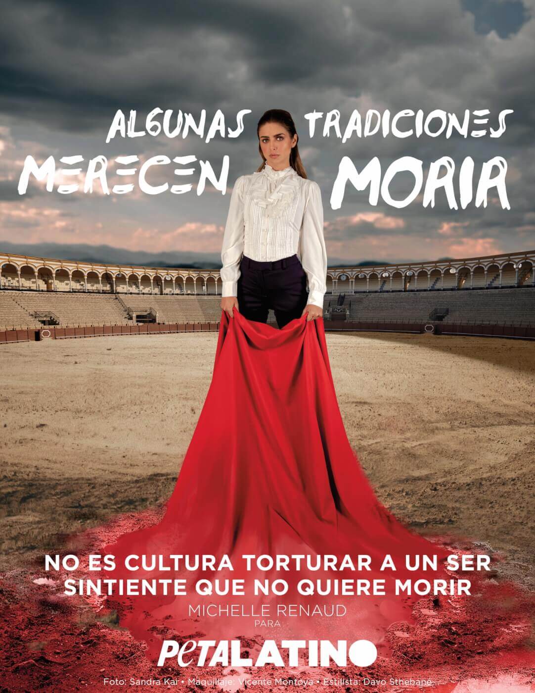 A photo composition of Michelle Renaud in a bullfighting arena holding a red bullfighting sash. Text on the image says "Some traditions deserve to die. It is not culture to torture a sentient being who does not want to die."