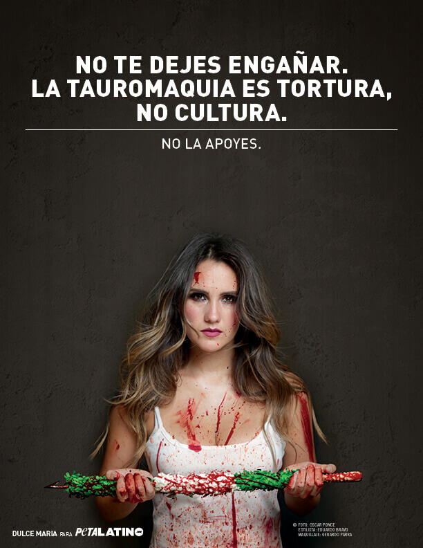 A digital composition showing Dulce Maria standing holding a bloody bullhook and splashed with blood. Text on the image reads "Don't be fooled. Bullfighting is torture, not culture." in Spanish.