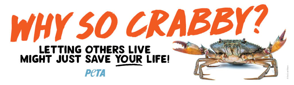 A photo of a crab with the text: Why so crabby? Letting others live might just save your life! PETA