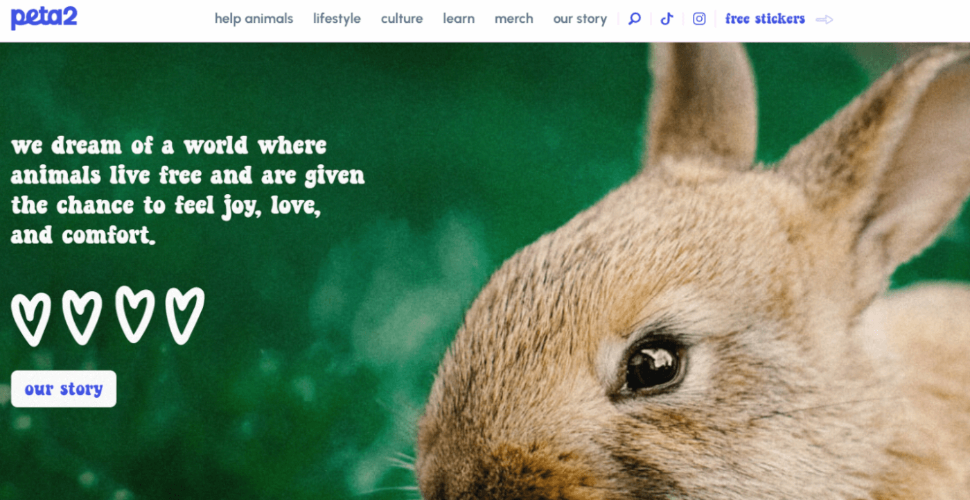 bunny with a green background on a main page of the brand new peta2 website