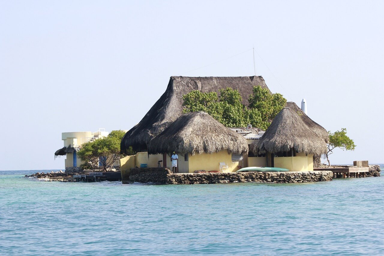a small island with huts near Cartagena, Colombia, in the Rosario Islands archipelago 