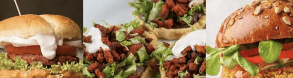 three photos from Latin American owned vegan meat brands; on the left is a vegan burger with a Tomorrow Foods flag stuck into the top of the bun; in the middle is a photo of three sopes filled with vegan meat; and the photo on the right shows a vegan burger from delike foods