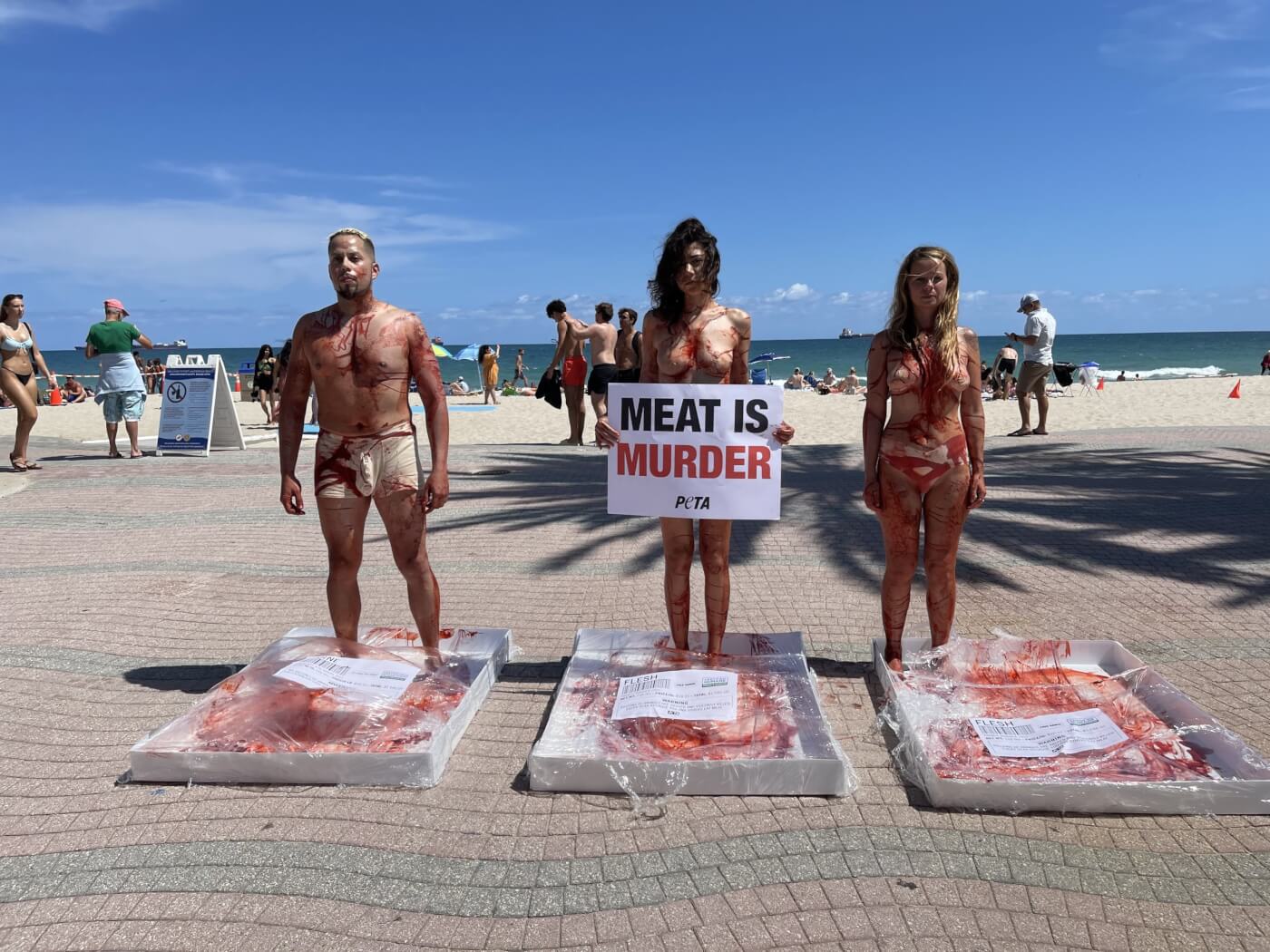 bloody peta protestors hold "meat is murder" sign