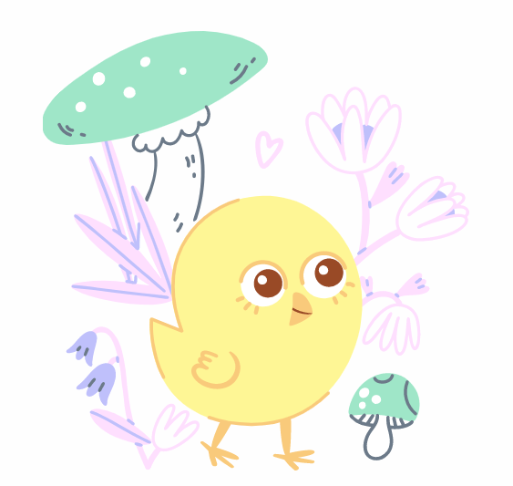 peta 2's "Not a Nugget" character as a baby chick among mushrooms and flowers