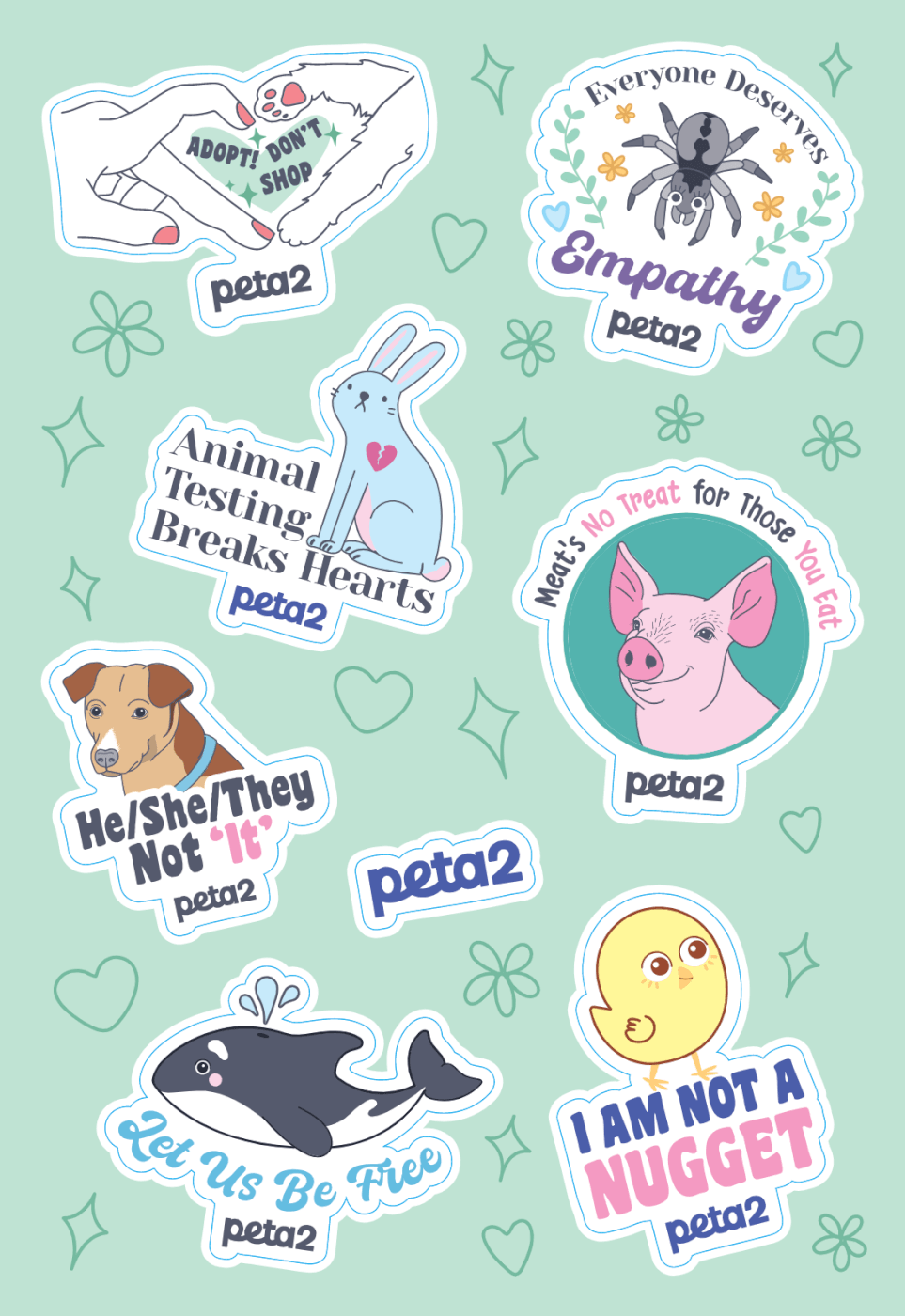 peta2 has a brand new sticker sheet, including the adorable "Not a Nugget" character