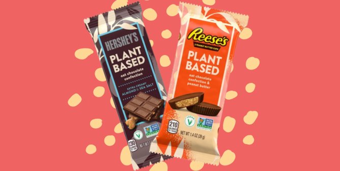 vegan reese's peanut butter cup and hershey's oat milk bar on a graphic background