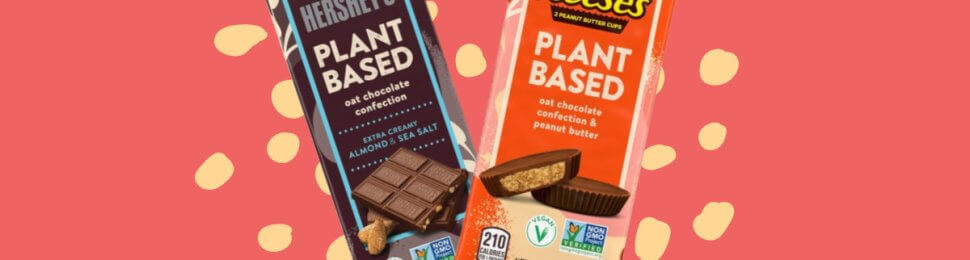 vegan reese's peanut butter cup and hershey's oat milk bar on a graphic background