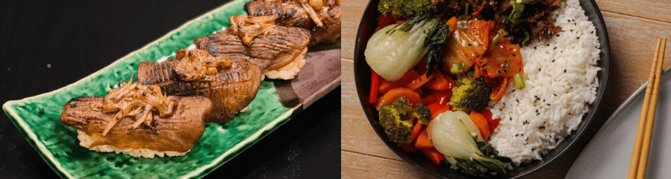 (left to right) vegan wagyu beef prepared on top of crispy rice and in a colorful bowl of stir fry