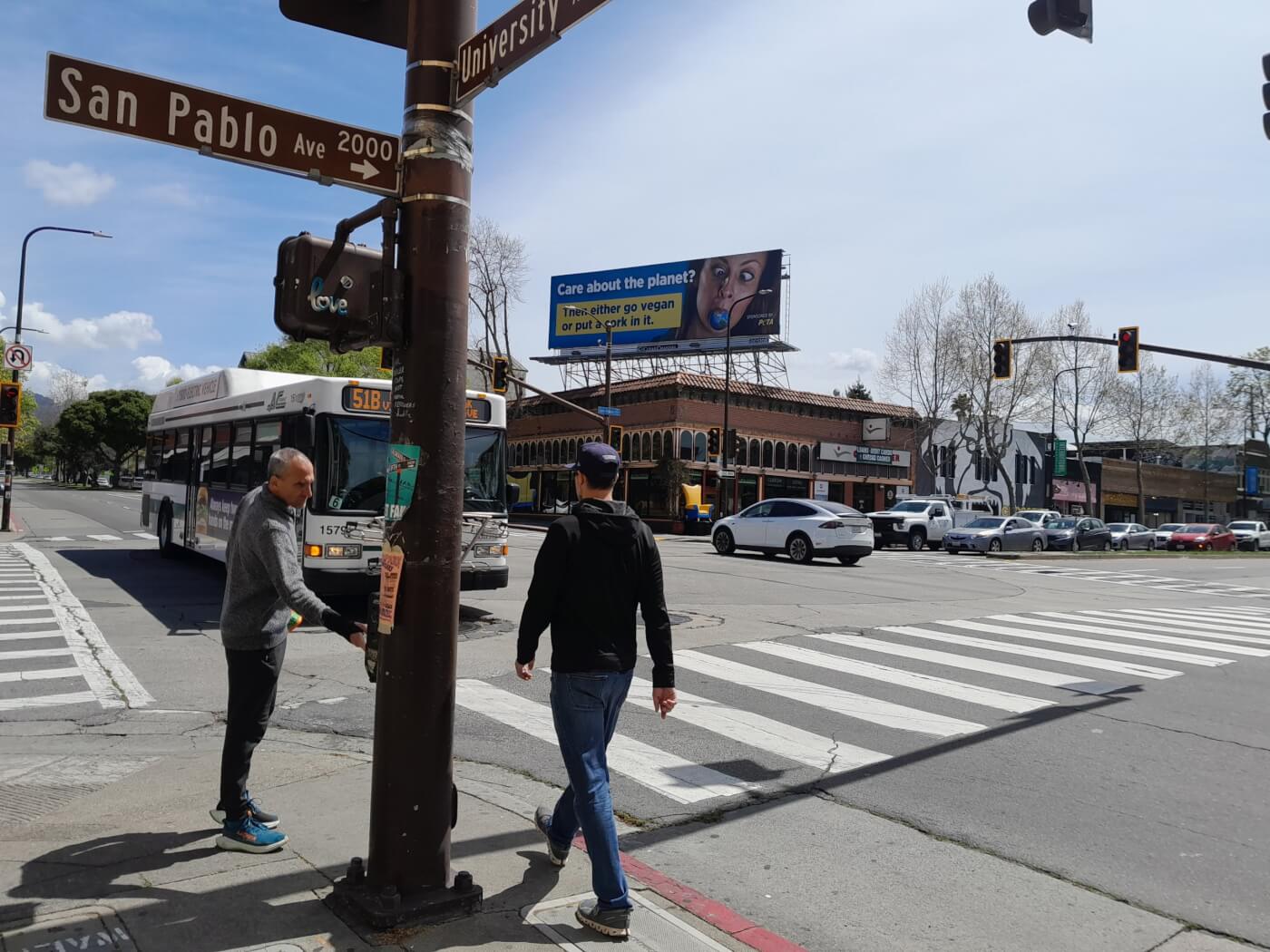 PETA's 2023 Earth Day ad on a billboard above an intersection in Berkeley, California