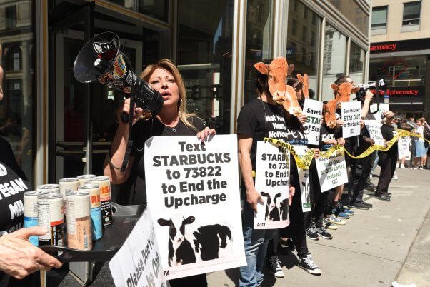 megaphone protester at starbucks demo Kate Nash Pushes Starbucks to Ditch Harmful Vegan Milk Upcharge