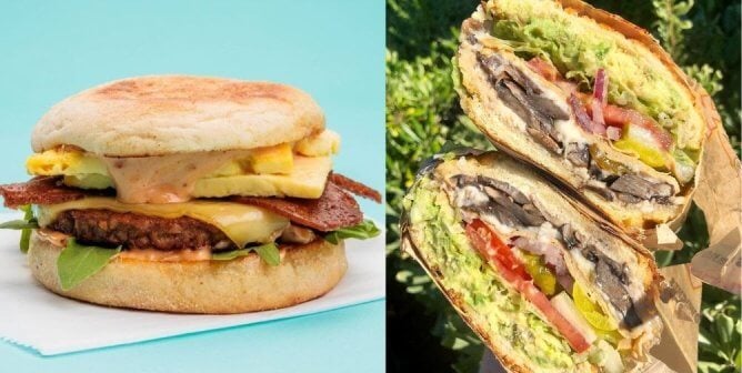 Side by side photo of a breakfast sandwich from Native Foods and a sub sandwich from Ike's.