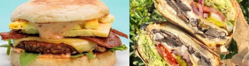 Side by side photo of a breakfast sandwich from Native Foods and a sub sandwich from Ike's.