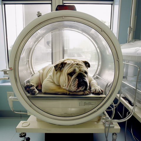Portland-based artist Shad Clark's depiction using AI of a bulldog, a breathing-impaired breed, inside a cylindrical oxygen tank