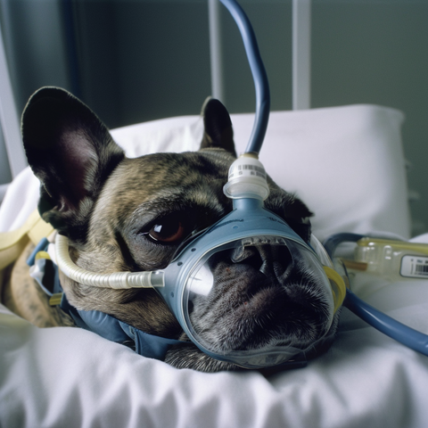 Portland-based artist Shad Clark's depiction using AI of a frenchie, a breathing-impaired breed of dog, hooked up to an oxygen machine with an oxygen mask over their face