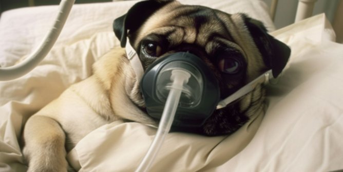 Portland-based AI artist Shad Clark's depiction of a pug dog, a breathing-impaired breed, hooked up to an oxygen machine with an oxygen mask over their face