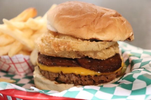 Cowboy Burger from Bean Vegan Cuisine in a basket with fries in the background