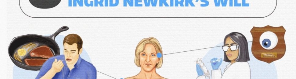 top of an illustration for the updated will of PETA Founder Ingrid Newkirk mentioning six requests shown in the full image