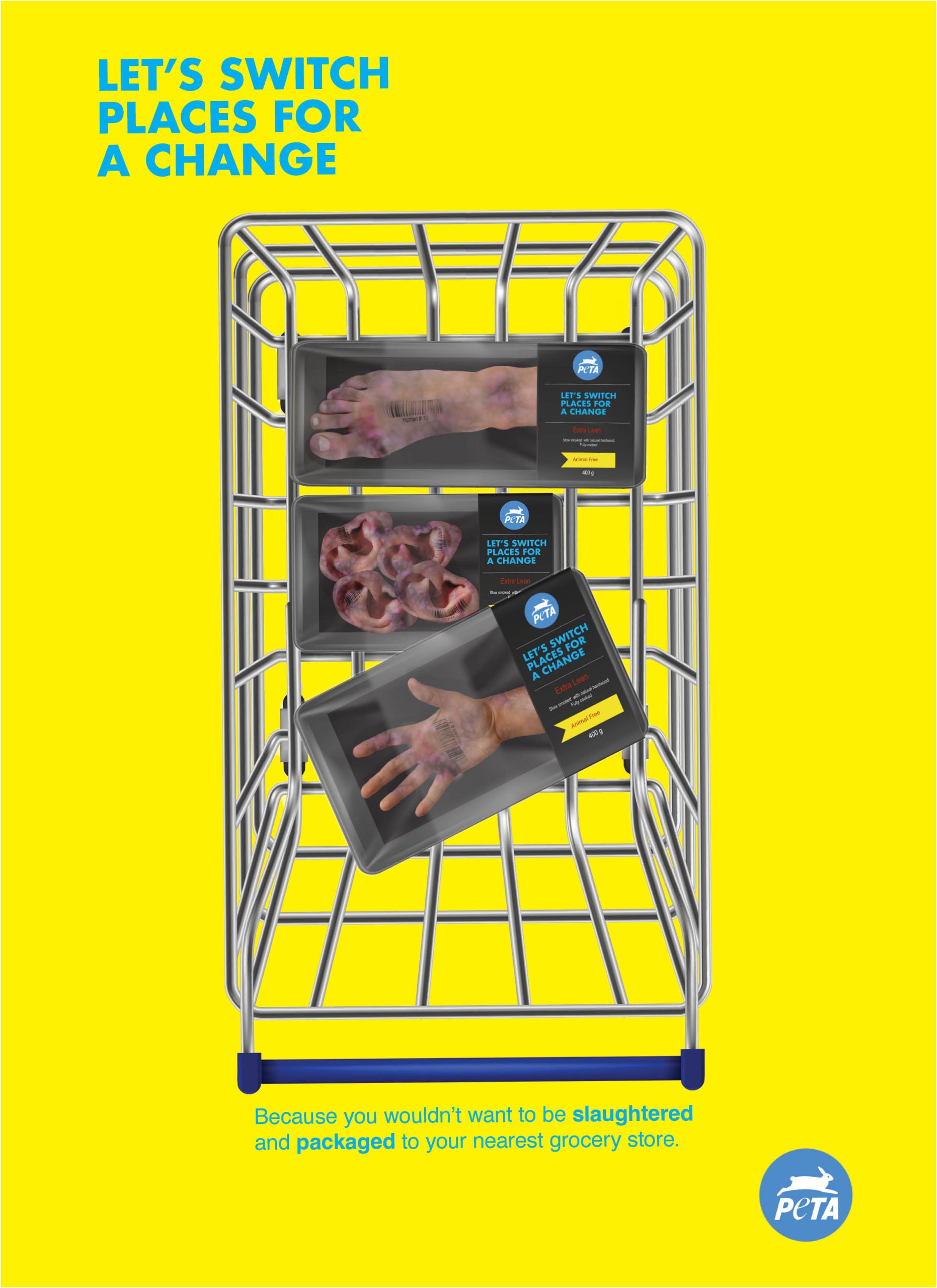 spoof print ad featuring human body parts packaged as meat