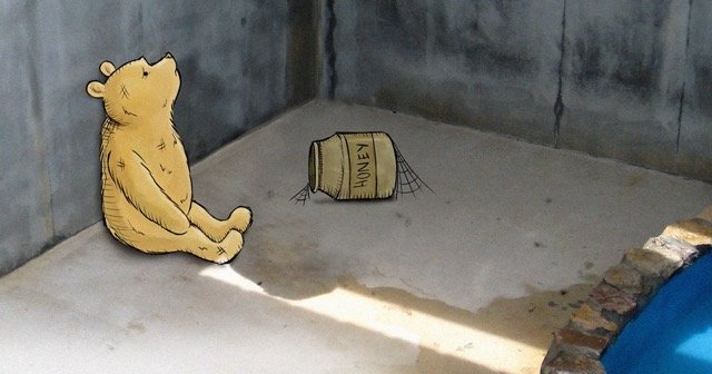 Illustration of Winnie the Pooh in a concrete bear pit with an empty jar of honey