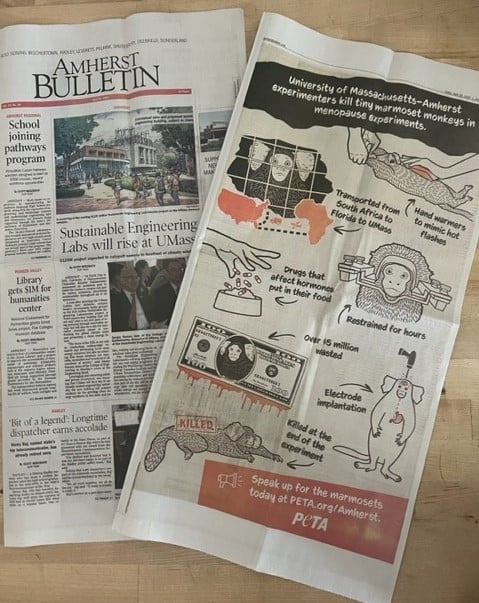 Newspaper bulletin showing both the front page and PETA's full page PSA detailing the monkey experiments