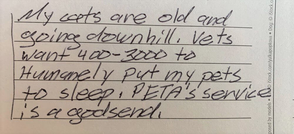 handwritten note thanking PETA for euthanasia services