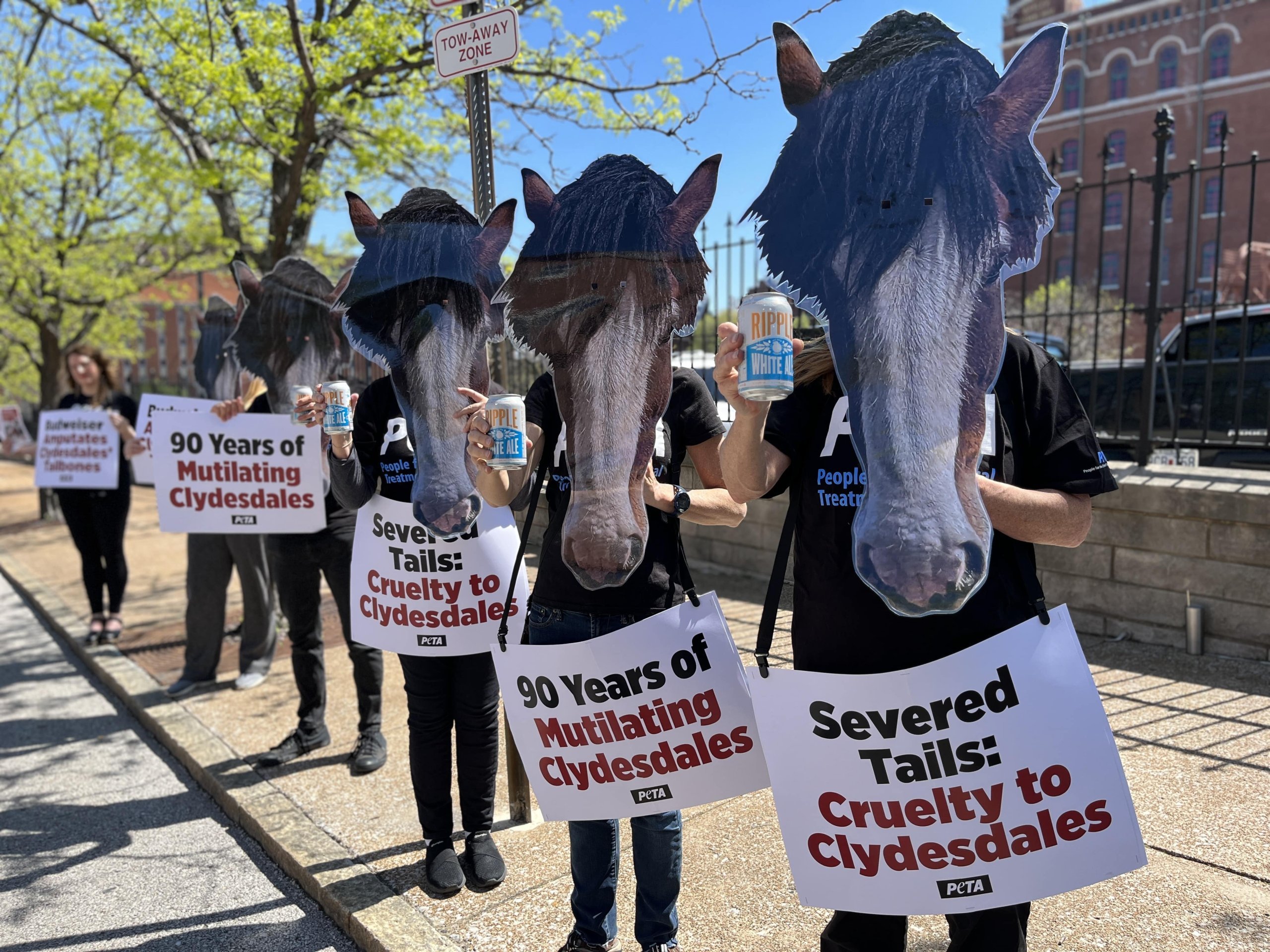 horse masked protesters in a row with signs against budweiser