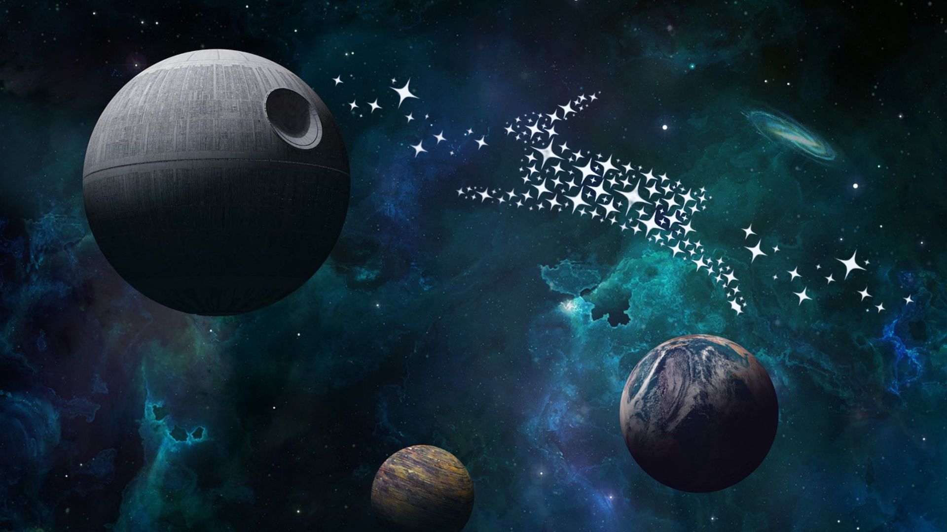 outer space background with the Star Wars Death star on the left and a PETA bunny made of stars leaping toward the Death Star