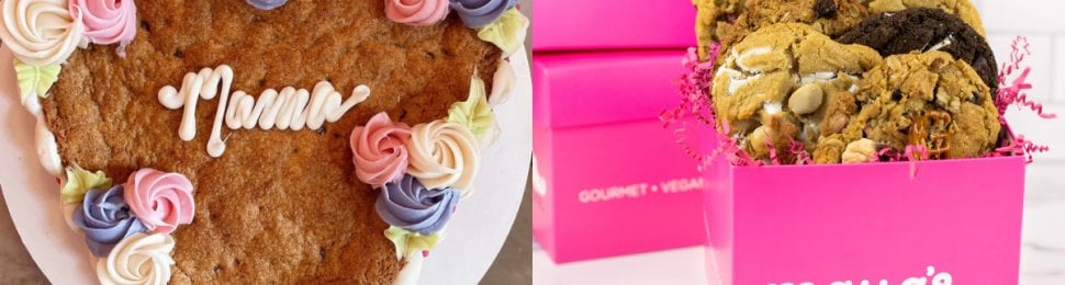 on the left is a photo of a vegan cookie cake from erin mckenna's bakery; on the right is a box of vegan cookies from maya's cookies