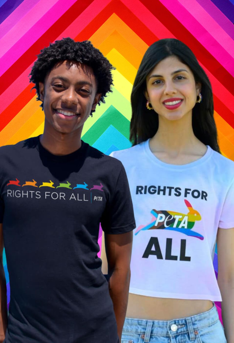 pride month PETA Shop merch on two models with rainbow background
