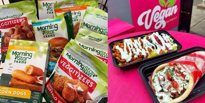 on the left a photo of a cart full of MorningStar Farms products; on the right, two plates of food from The Vegan Halal Cart