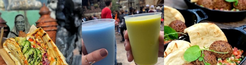 three photos of food and drink from Disney's Star Wars: Galaxy's Edge parks. On the left is a photo of the Ronto-less Wrap, which is a pita filled with veggies, vegan meat, and sauce; the middle photo shows the hands of two people holding blue and green milk; and the photo on the right displays the Felucian Kefta dish of vegan meatballs with pita and cucumber-tomato salad