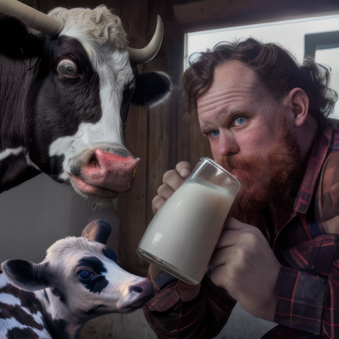 Portland-based artist Shad Clark's depiction using AI of a man drinking cow's milk from a glass pitcher as a mother cow and her baby calf watch