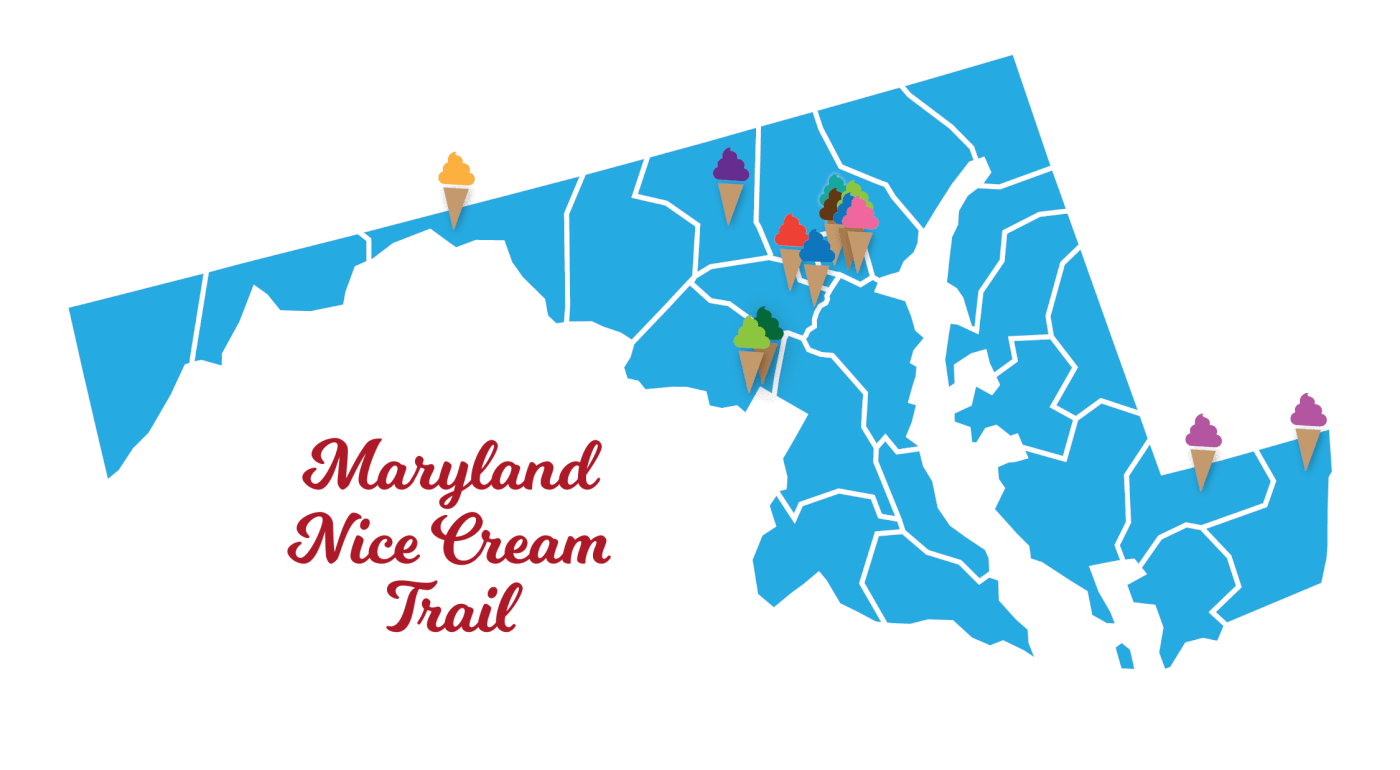PETA's 'Nice Cream Trail' map for National Ice Cream Month in Maryland, showing locations of shops serving vegan options