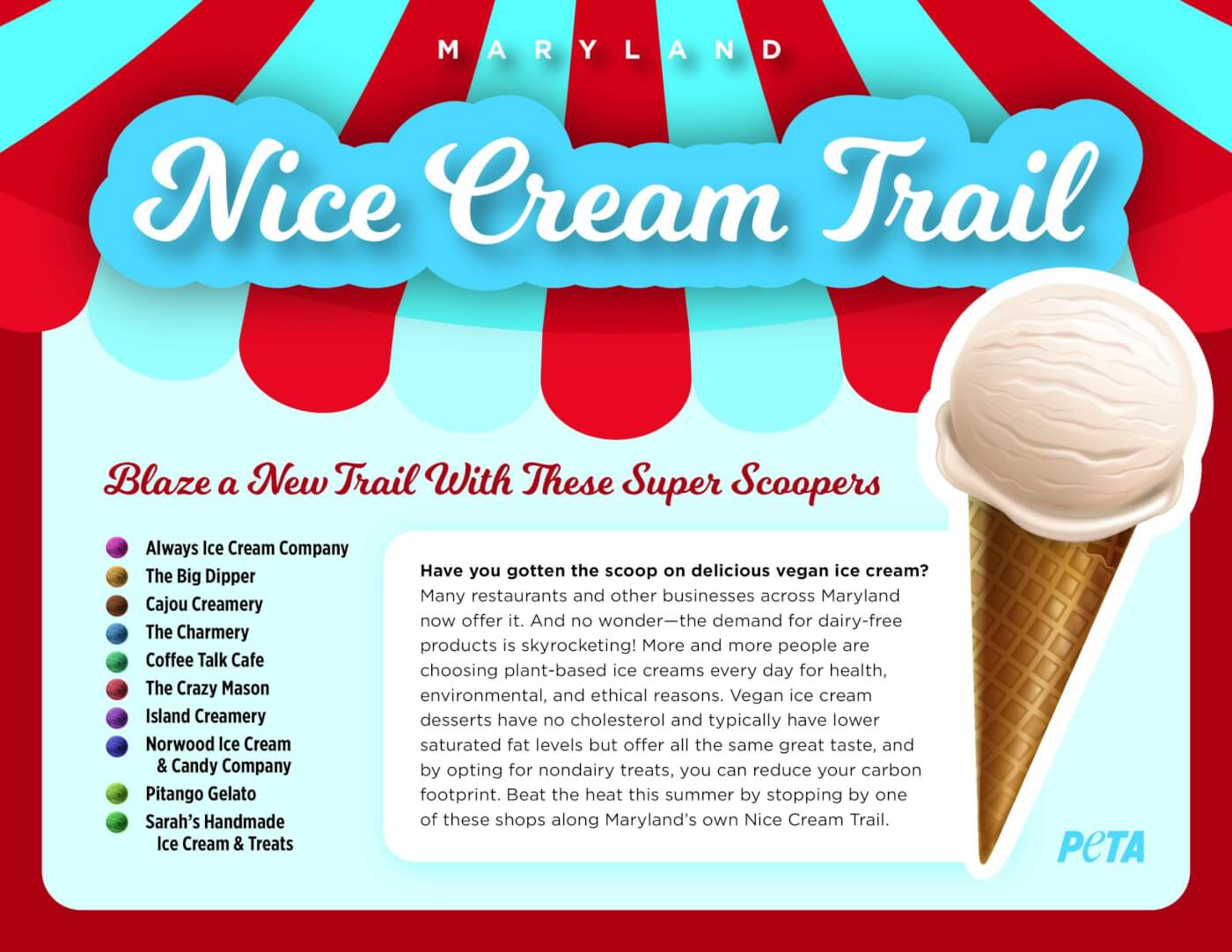 first page of PETA's 'Nice Cream Trail' pamphlet for National Ice Cream Month in Maryland, showing shops serving vegan options