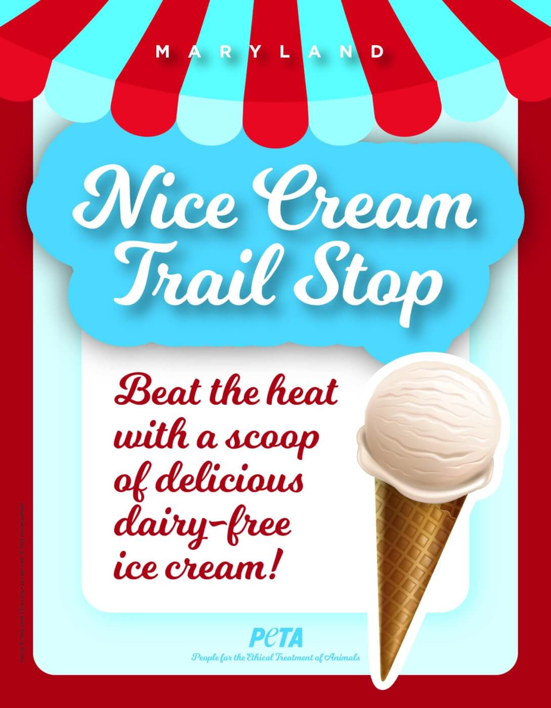 PETA's 'Nice Cream Trail' window sign for National Ice Cream Month, posted at Maryland shops serving vegan options