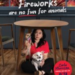 Ad of Carla Morrison hiding under a table with two dogs as superimposed fireworks shoot outside. The text reads fireworks are no fun for animals
