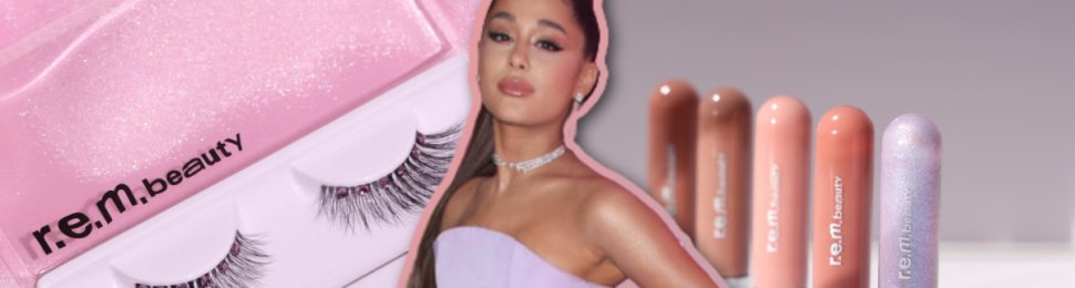 a photo of Ariana Grande in a purple dress outlined in pink and purple shades on top of a background featuring products from her brand r.e.m. beauty, including faux mink false lashes and a set of five lip glosses