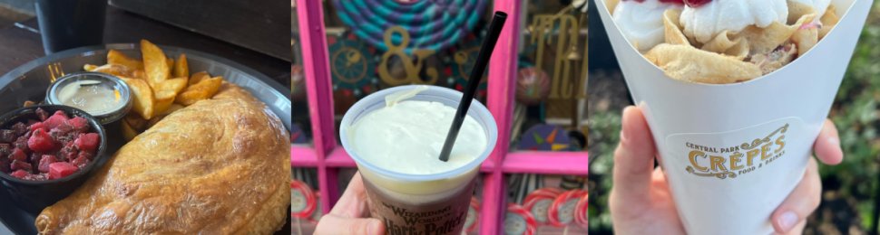 vegan options at universal orlando; on the left is a mushroom pasty, middle is vegan butterbeer, and the right shows the berry crepe