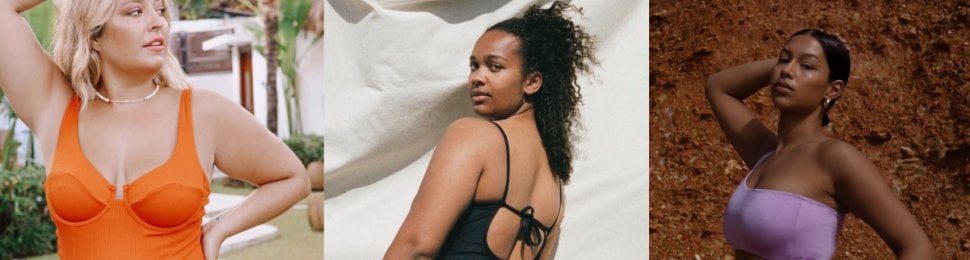 three photos, each showing a different woman modeling vegan swimwear
