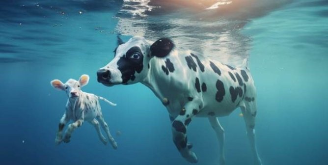 mother cow and her baby swimming in the ocean like whales, to show that cows and whales have this bond in common and to help humans ditch dairy