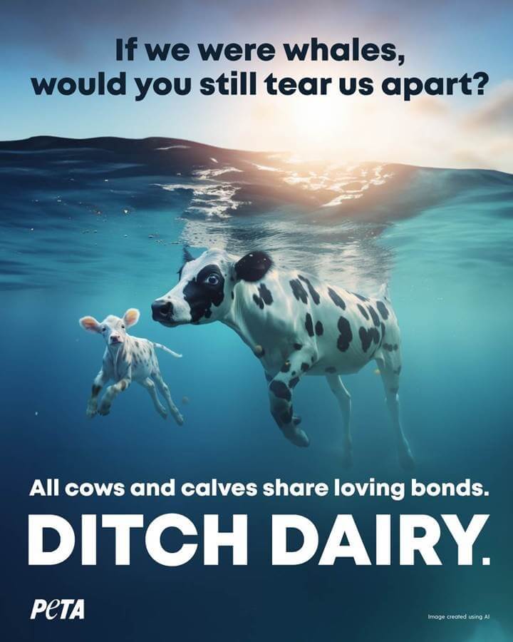 mother cow and her baby swimming in the ocean like whales, to show that cows and whales have this bond in common and to help humans ditch dairy